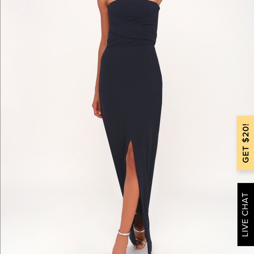 Blue Lulus maxi strapless with slit and back bow
